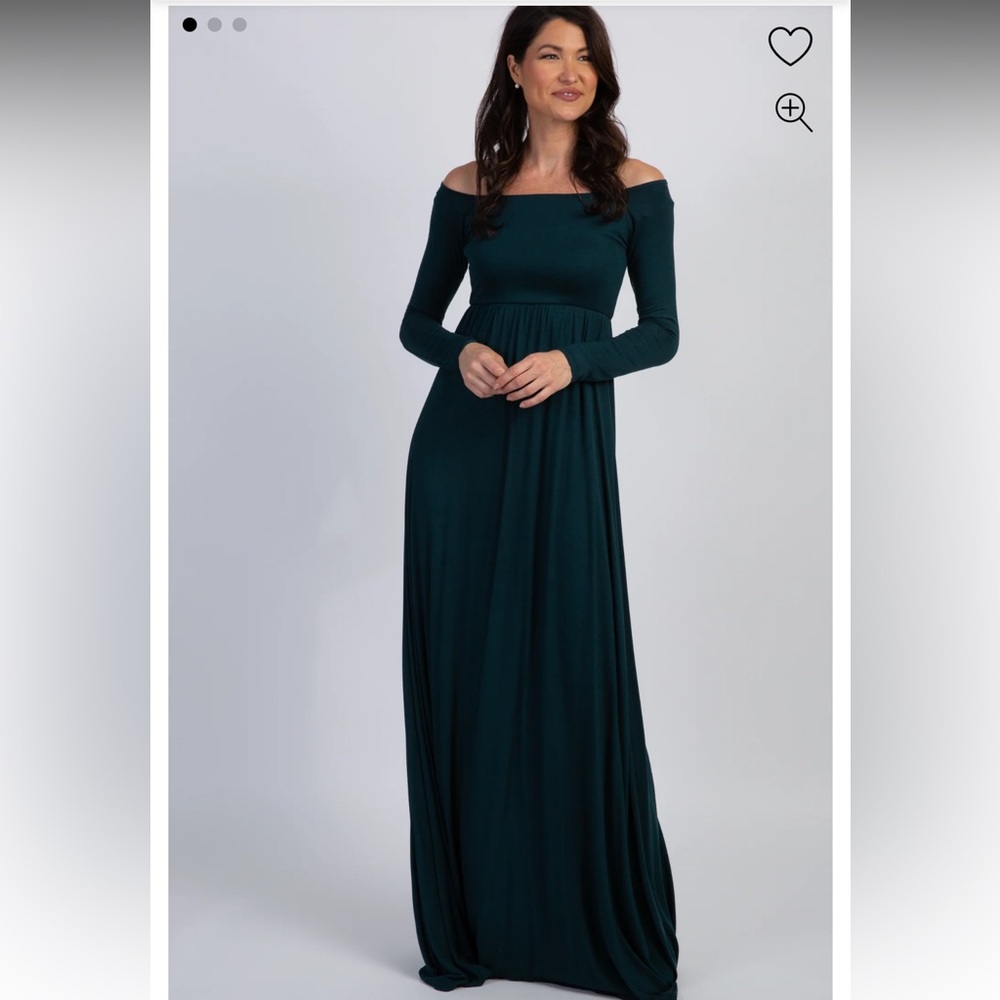 Pink blush forest green off the shoulder maxi, medium